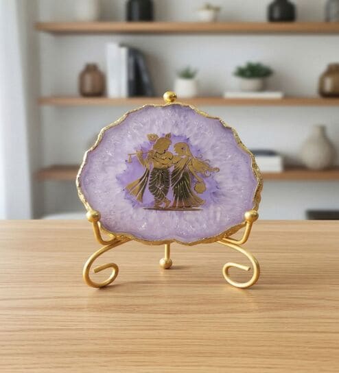 Agate Radha Krishna Showpiece With Metal Stand Purple