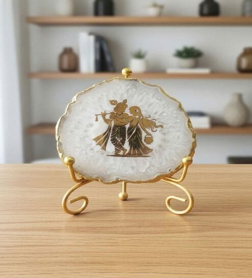 Agate Radha Krishna Showpiece With Metal Stand White