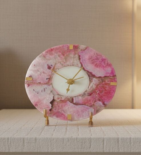 Agate Round Pink Color Desk Clock With Metal Stand