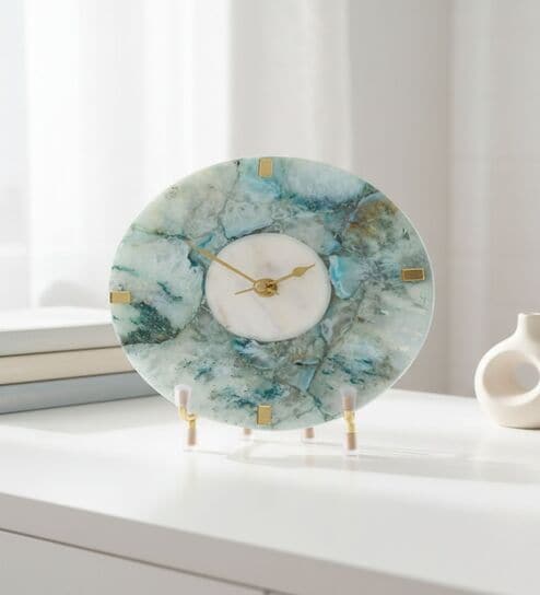 Agate Round Turquoise Color Desk Clock With Metal Stand