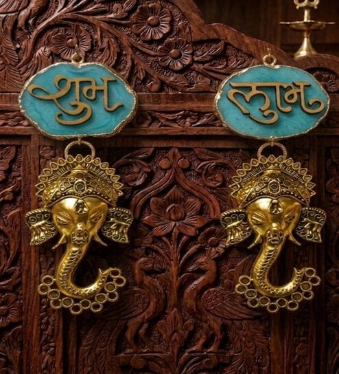 Agate Shubh Labh Metal Ganesha Hangings - Turquoise-image-23