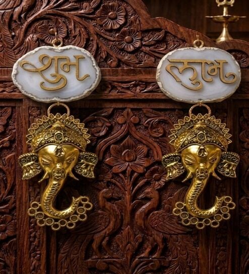 home arte Agate Shubh Labh Metal Ganesha Hangings - White-picture-49