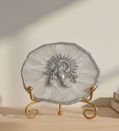 Agate Silver Metal Krishna Showpiece With Metal Stand White
