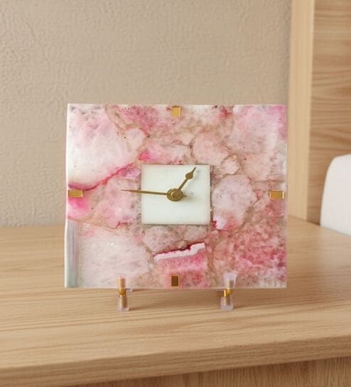 Agate Square Pink Color Desk Clock With Metal Stand