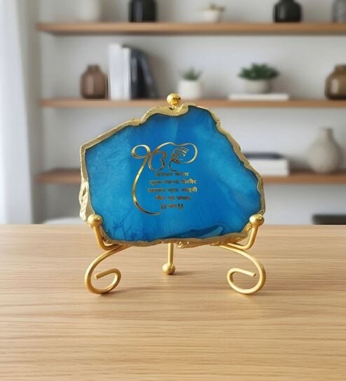 Agate Startng Of Mool Mantra Showpiece Wih Metal Stand Blue