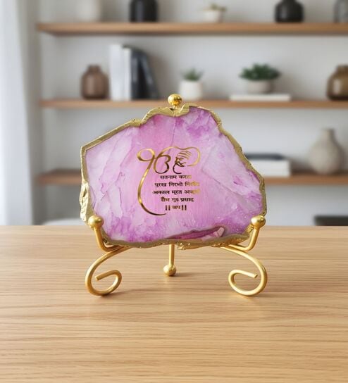 Agate Startng Of Mool Mantra Showpiece Wih Metal Stand Pink