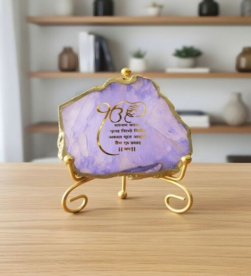 Agate Startng Of Mool Mantra Showpiece Wih Metal Stand Purple