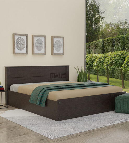 Aglaea King Size Bed With Box Storage & 1 Bedside Table In Wenge Finish