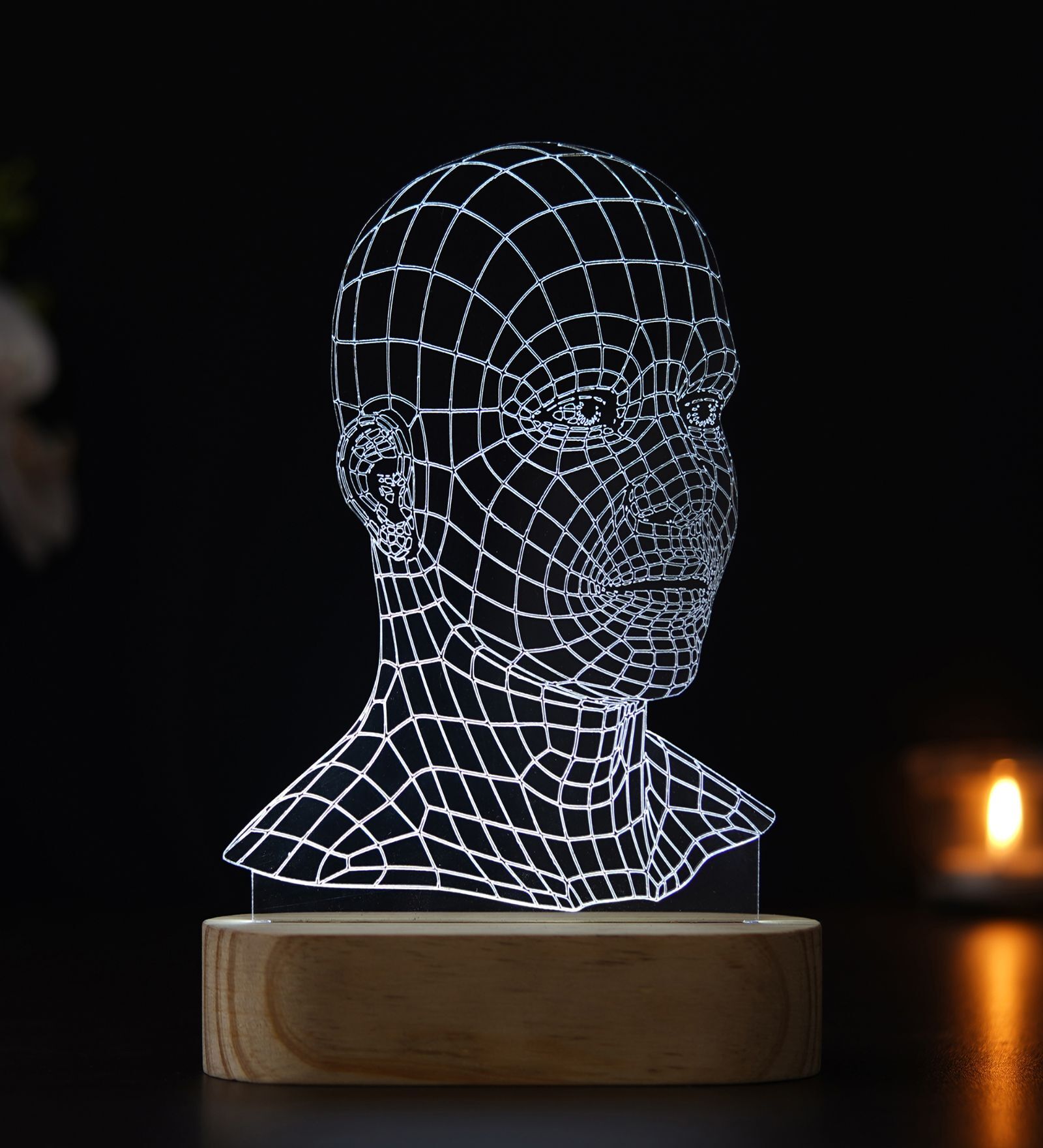 AI Digital Human Face Design Acrylic & Wooden Base LED Table Lamp with Rechargeable Battery