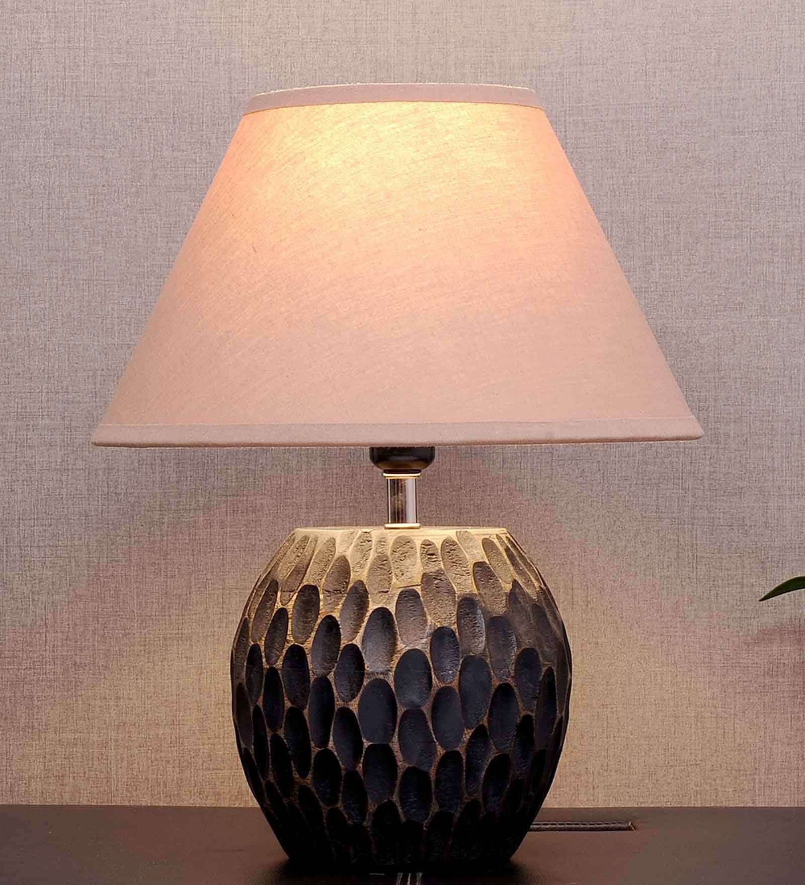 Aida Mini Beige Cotton Shade Table Lamp With Black Base