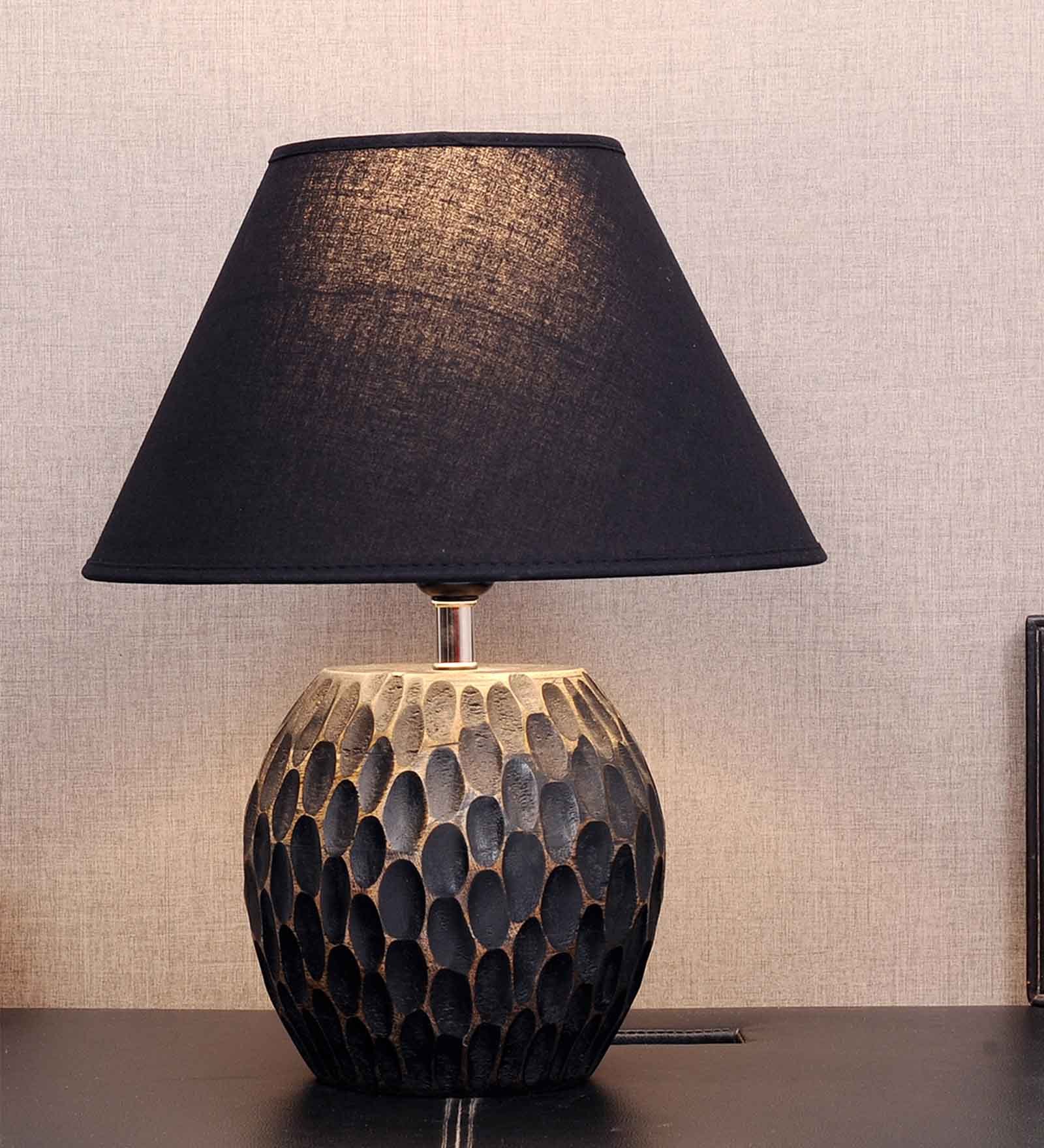 Benevento Black Cotton Shade Night Lamp With Wood Base