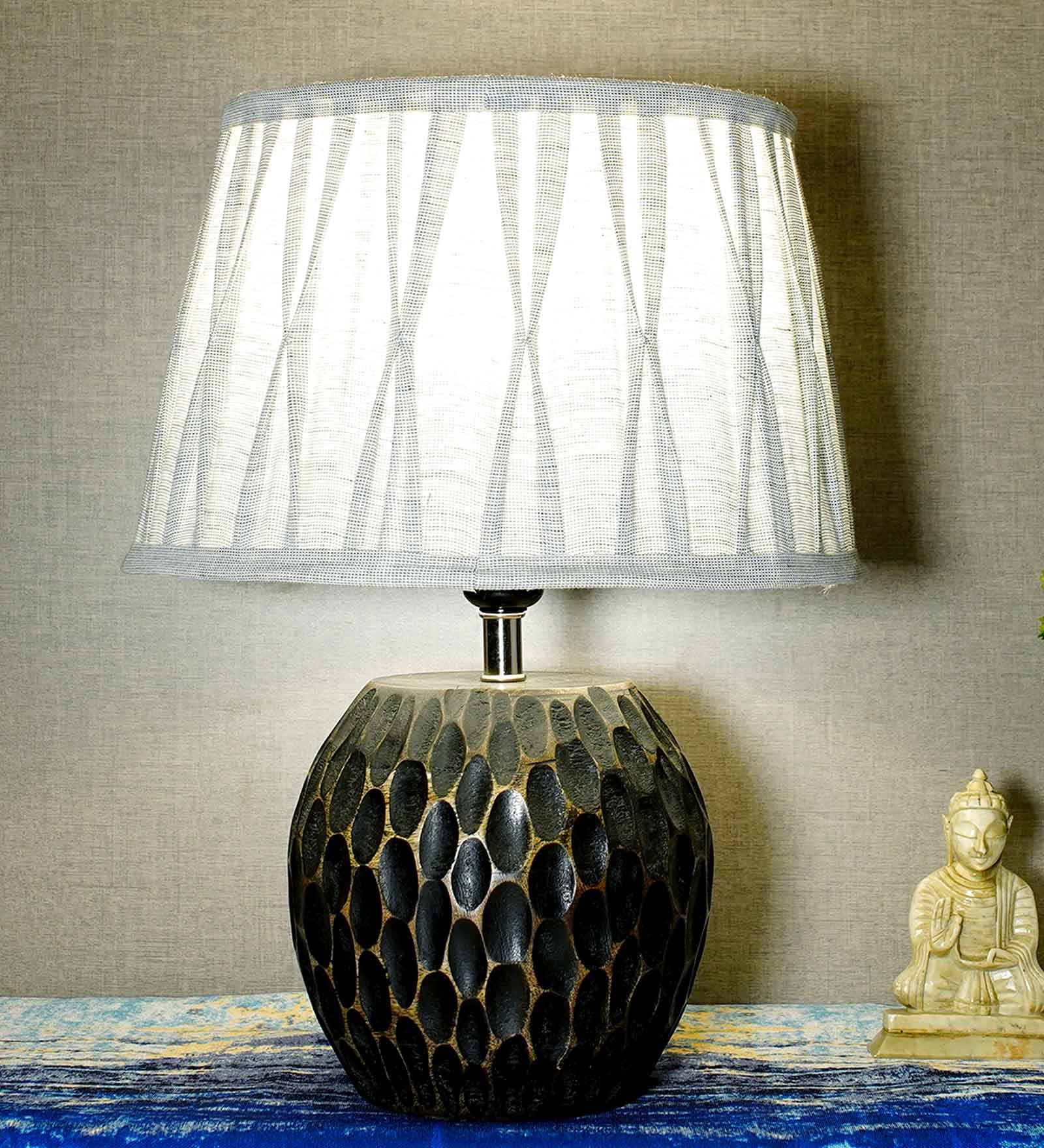 Healy Grey Cotton Shade Night Lamp With Wood Base