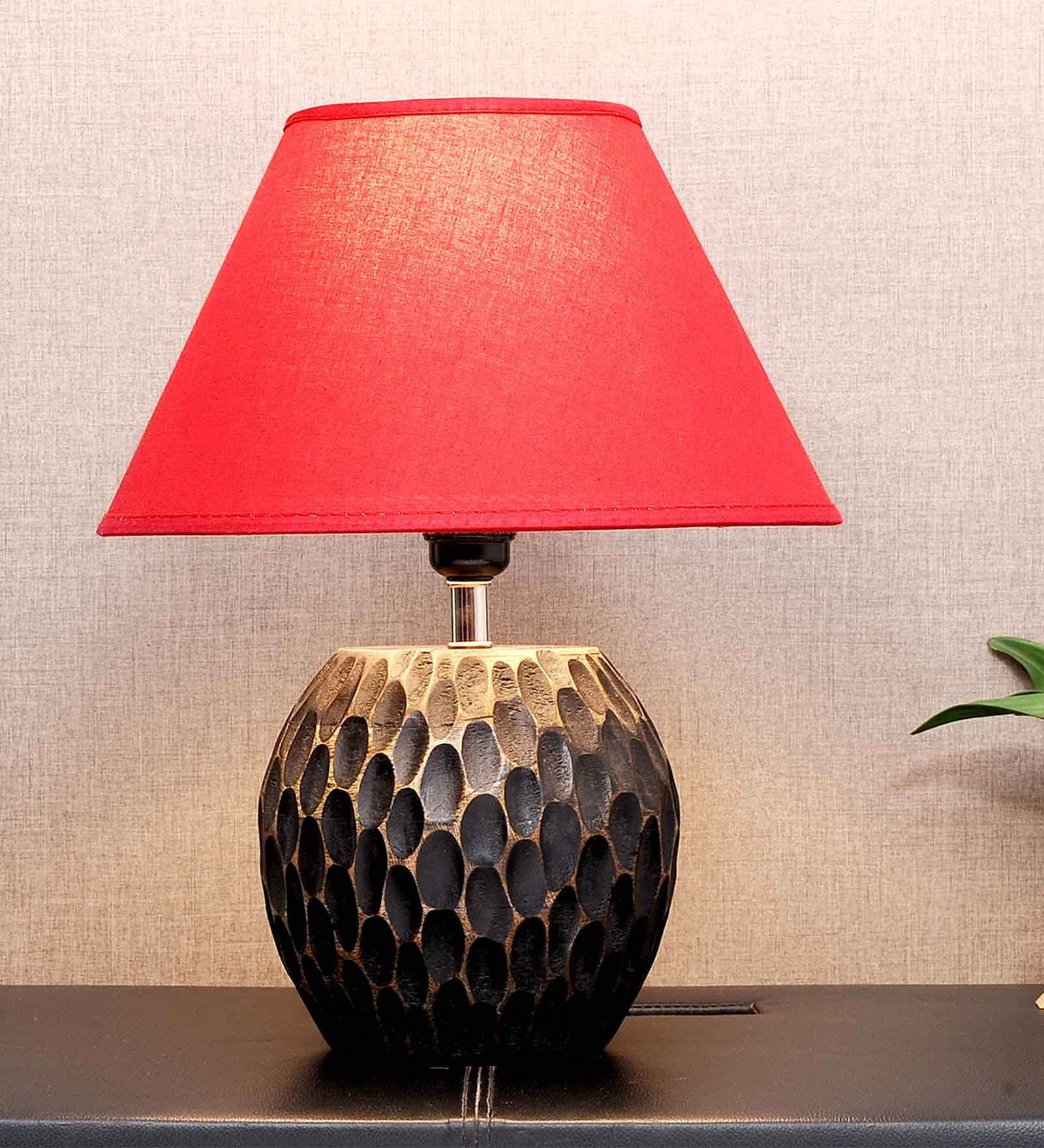 Lense Maroon Cotton Shade Night Lamp With Wood Base