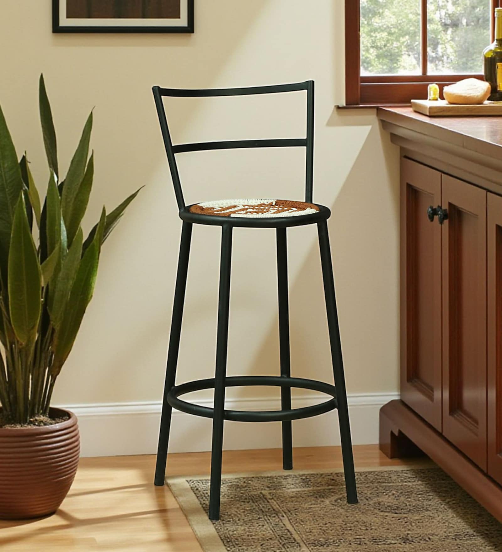 Aiken Metal Bar Chair in Black Colour With White and Brown Cotton Rope