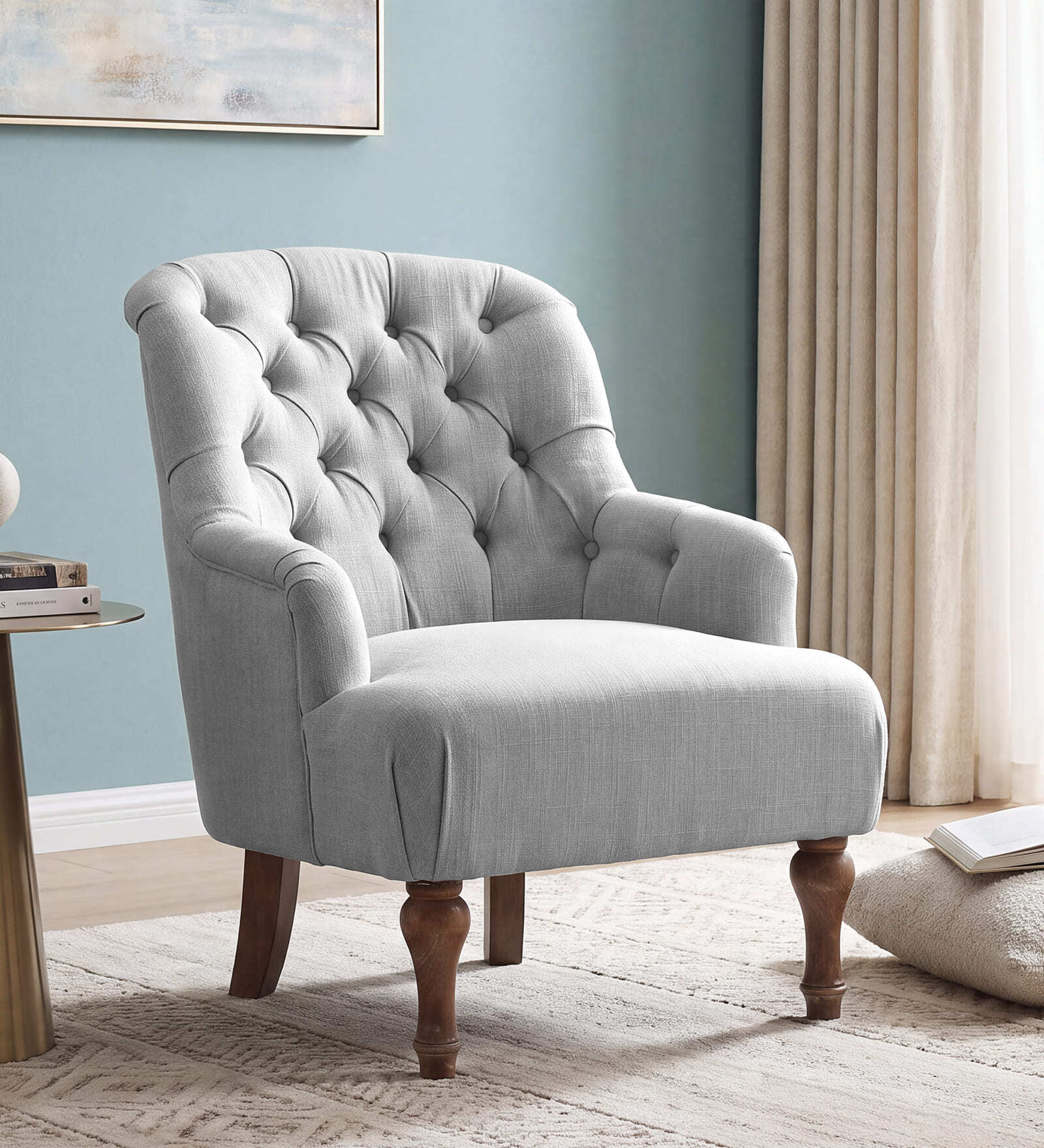 Aileen Wide Tufted Chair In Grey Colour
