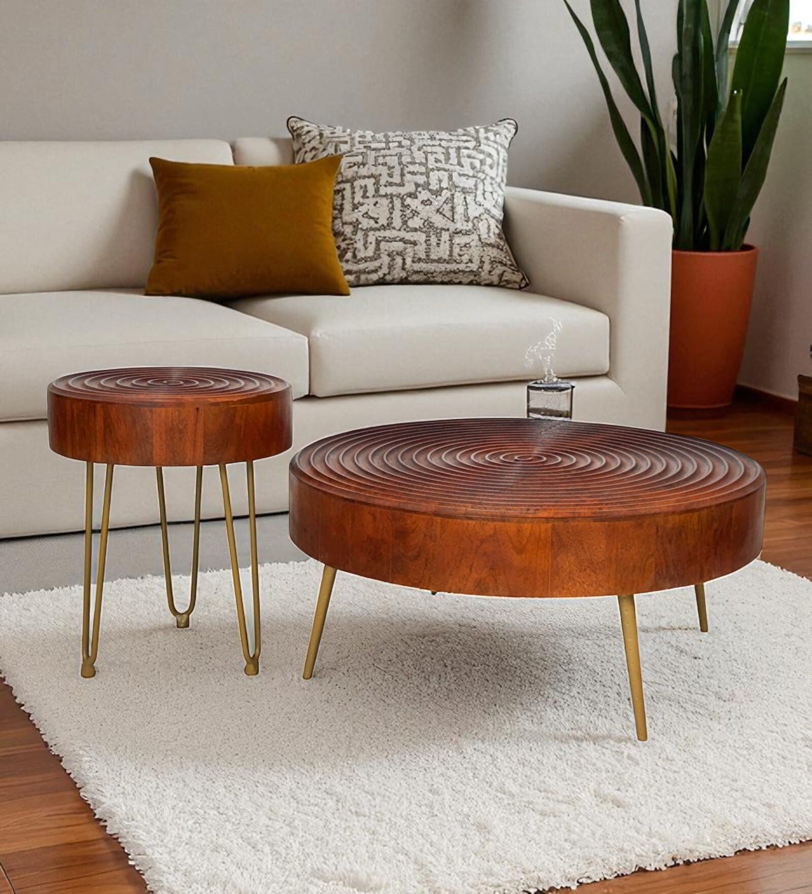 Ainianos Mango Wood Coffee Table Set In Honey Oak Finish