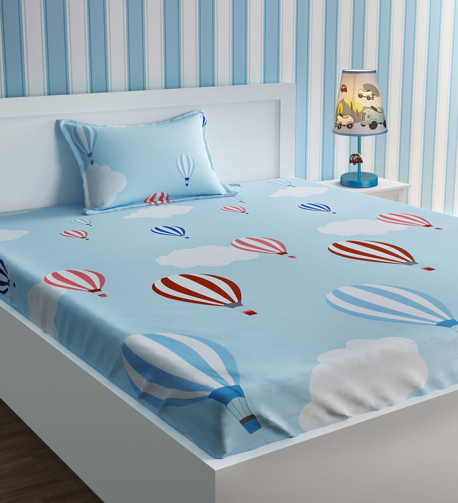 Air Balloon Single Bedsheet with 2 Pillow covers in Blue Colour