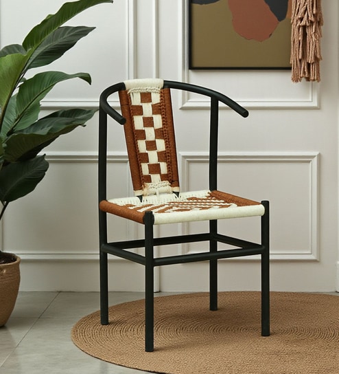 Aiken Metal Chair in Black Colour With White and Brown Cotton Rope