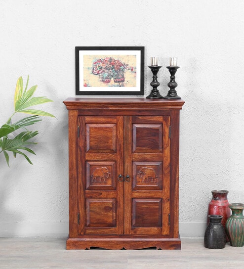 Airavana Sheesham Wood Cabinet in Scratch Resistant Honey Oak Finish