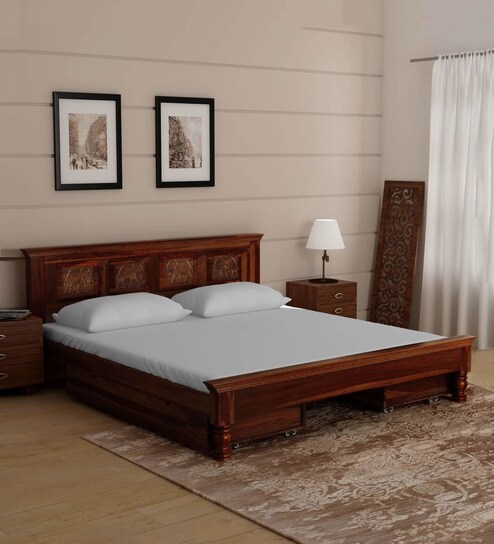 Buy Airavana Solid Wood Queen Size Bed With Storage In Honey Oak