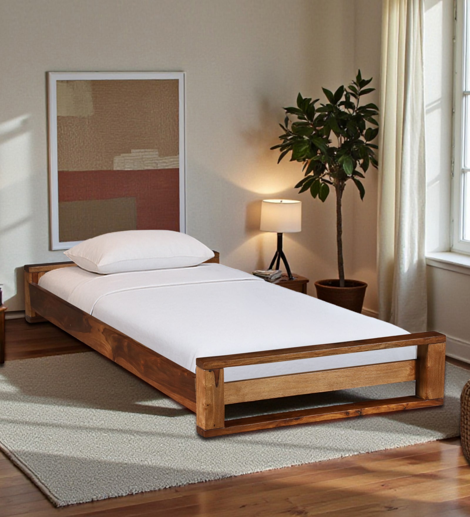 Ajaccio Sheesham Wood Low Height Single Bed In Rustic Teak Finish