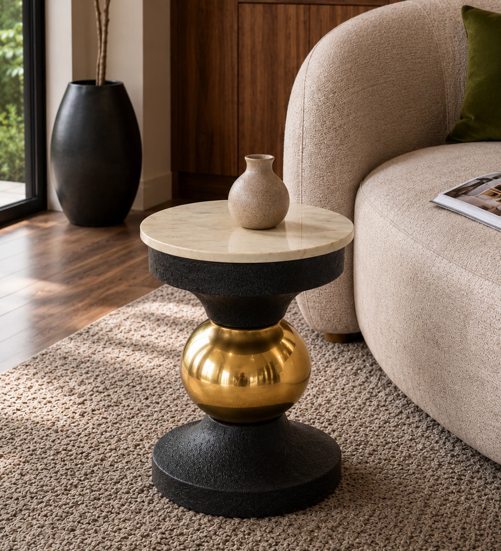 Akenside End Table In Black & Golden Finish with Marble Top