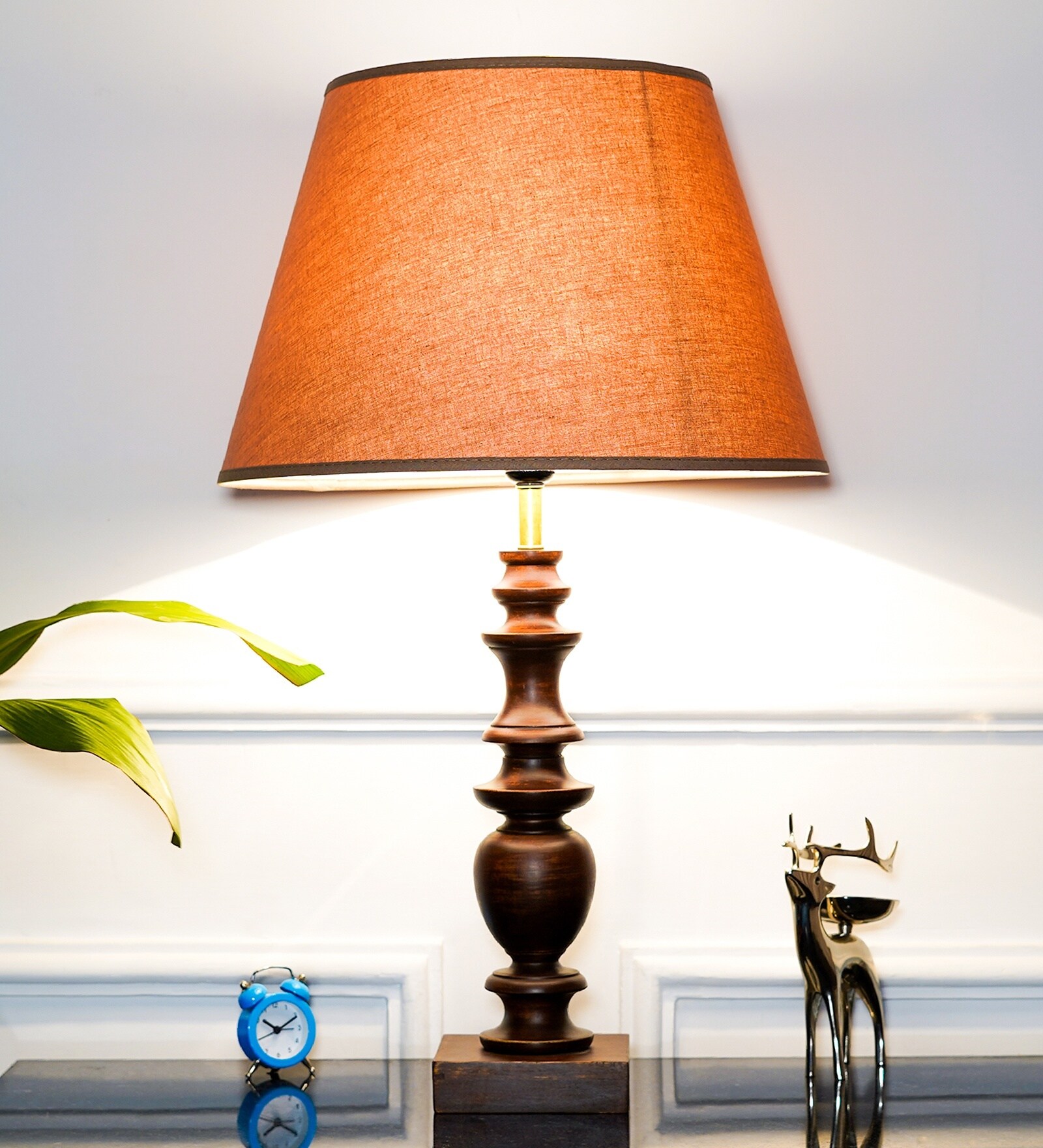 Akira Hand Crafted Solid Wood Walnut Finish Table Lamp With Beige Cotton Shade