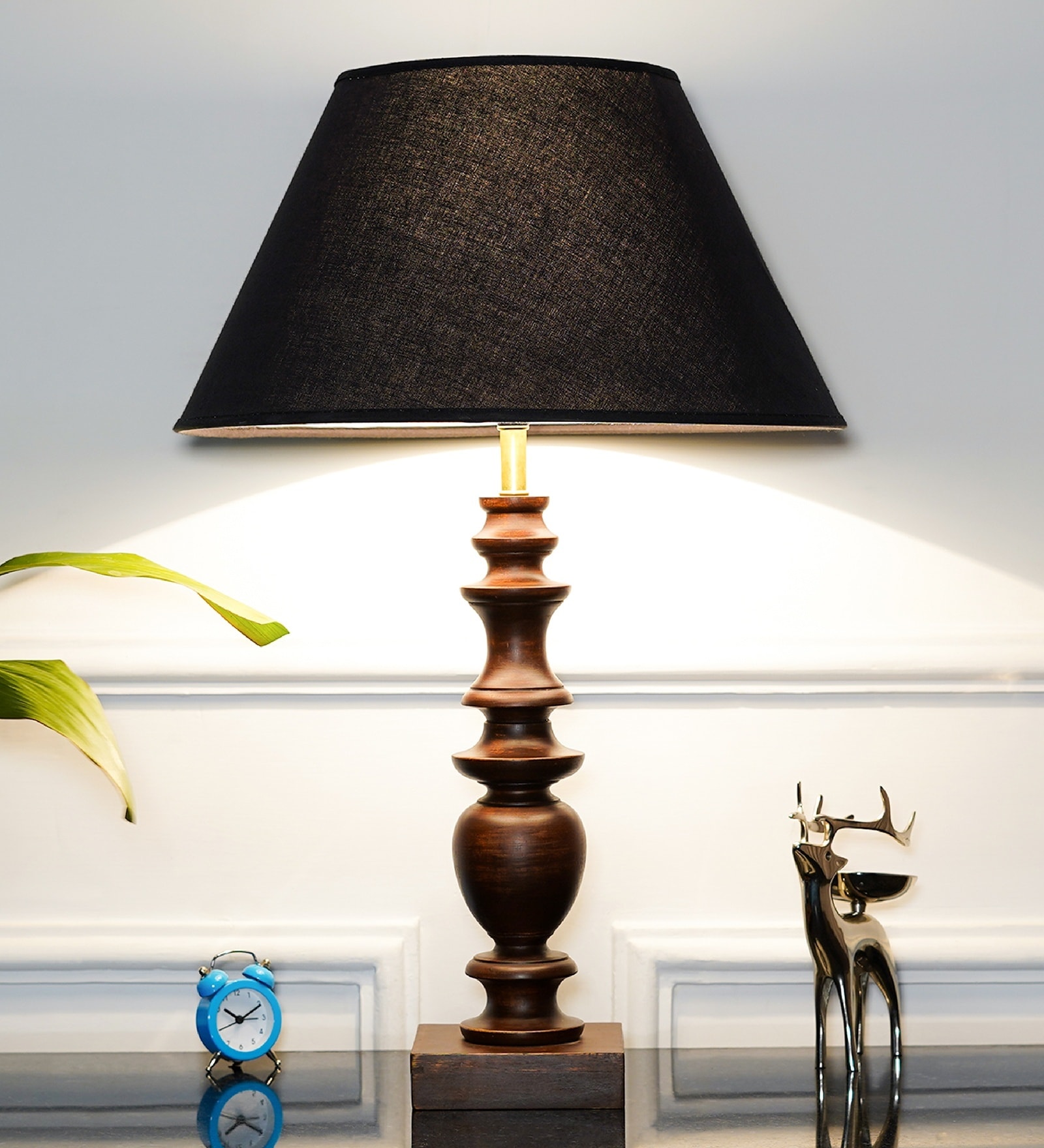 Akira Hand Crafted Solid Wood Walnut Finish Table Lamp With Black Cotton Shade