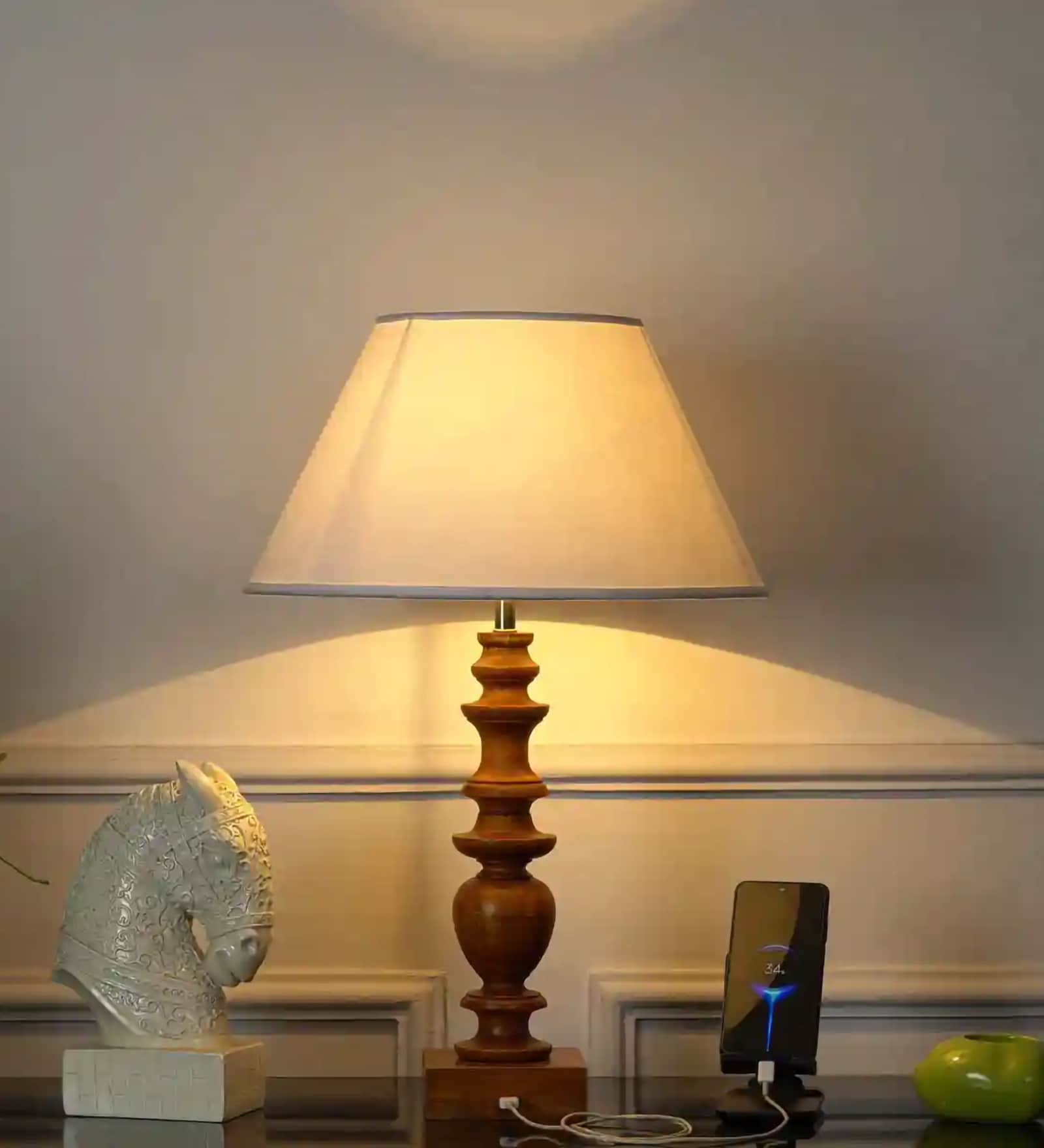 Akira Hand Crafted Solid Wood Walnut Finish Table Lamp With White Cotton Shade