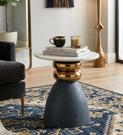 Akenside End Table In Grey & Golden Finish with Marble Top
