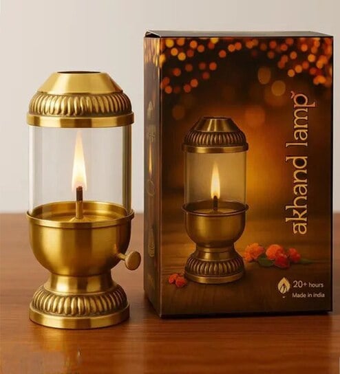 Akhand Diya with Bati Adjuster & Glass Cover Brass/Glass Oil Lamp (Golden/Clear)