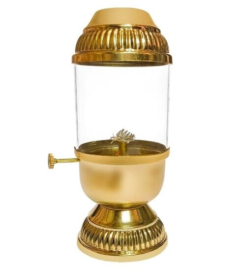 Akhand Diya with Bati Adjuster & Glass Cover Brass/Glass Oil Lamp (Golden/Clear)