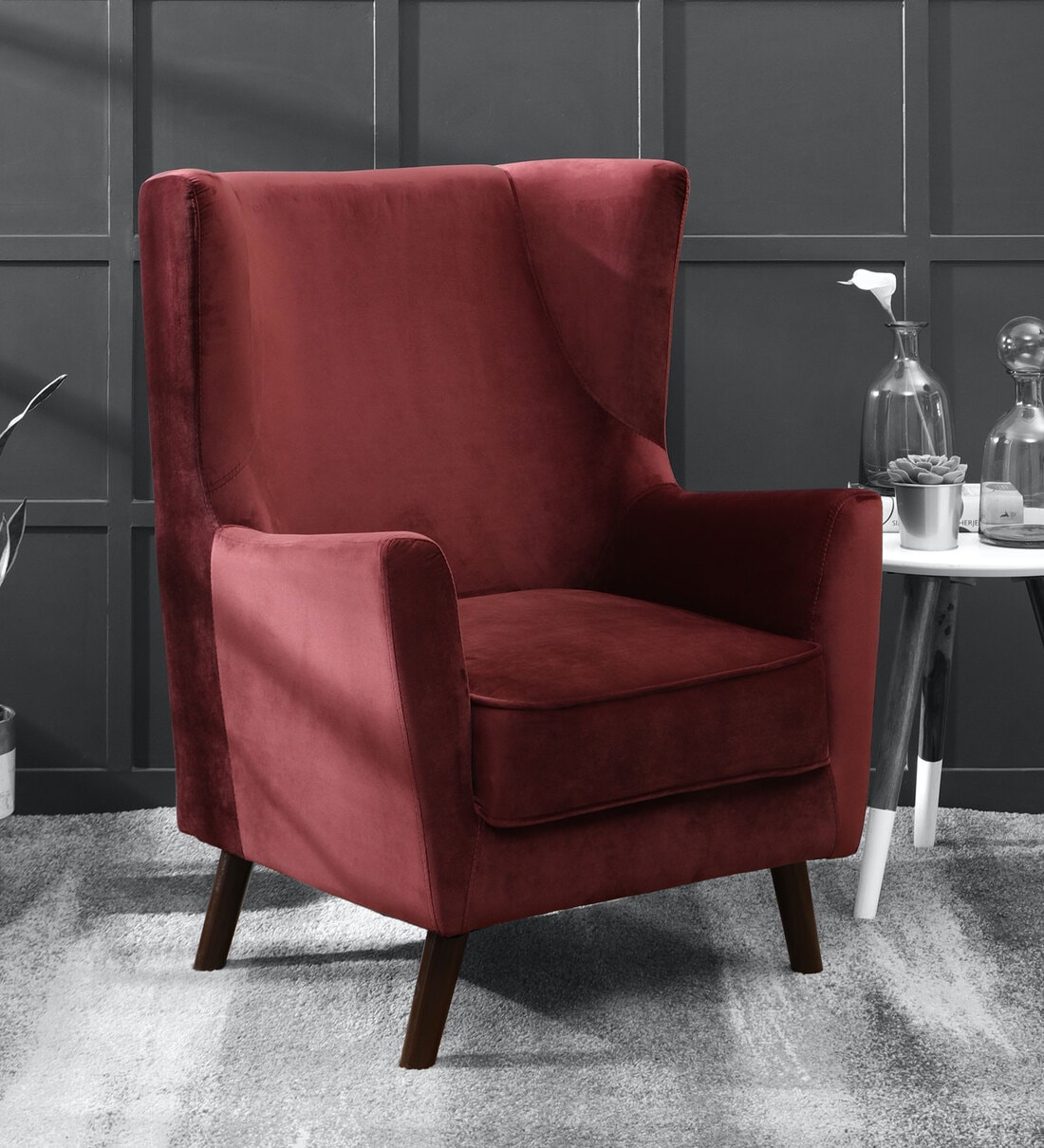 Buy Alcalde Wing Chair in Velvet Wine Red Colour CasaCraft by