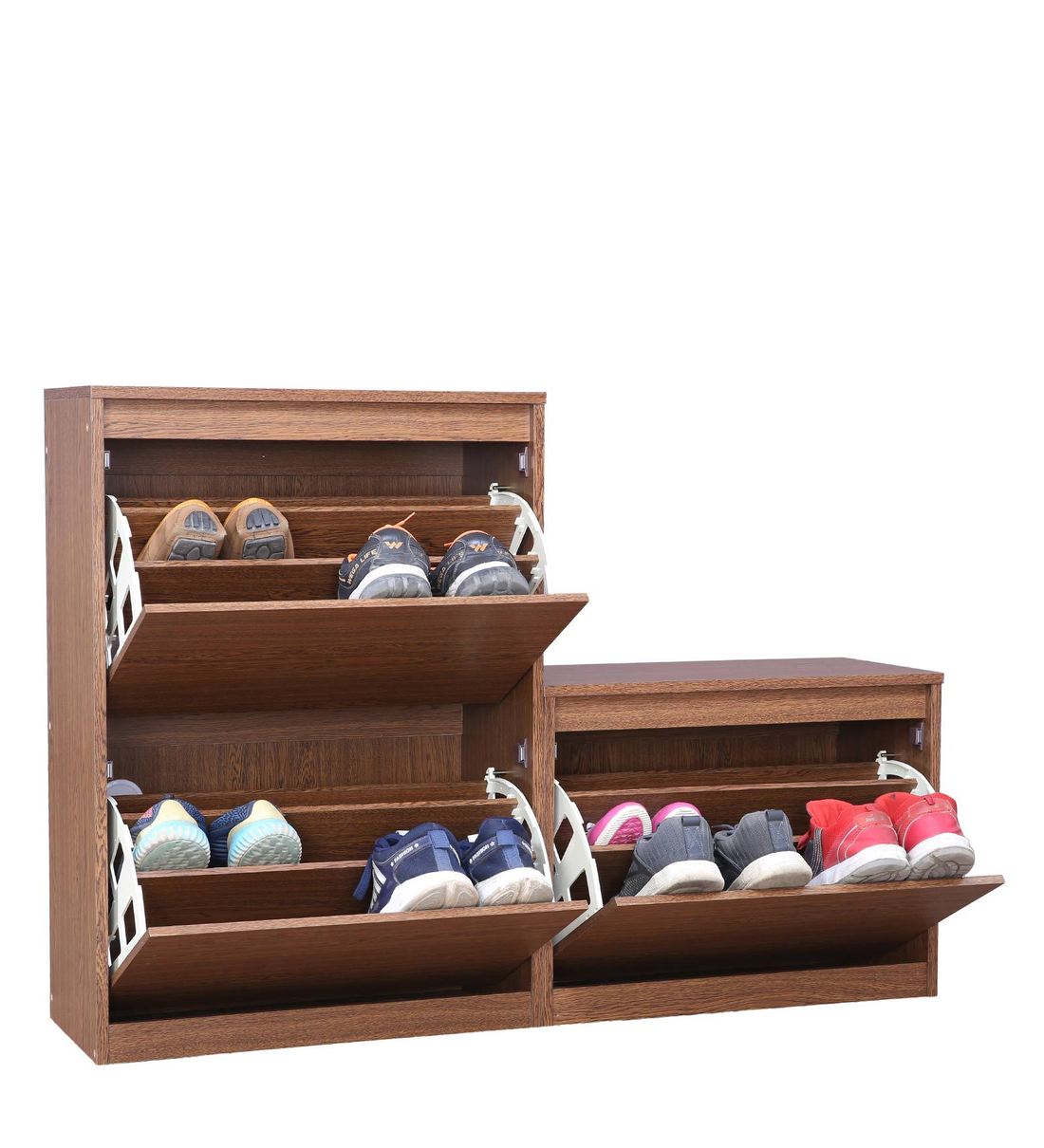 Buy Alder 3 Tier Tilt Out Shoe Rack in Walnut Finish Online Tilt Out Shoe Racks Shoe Racks
