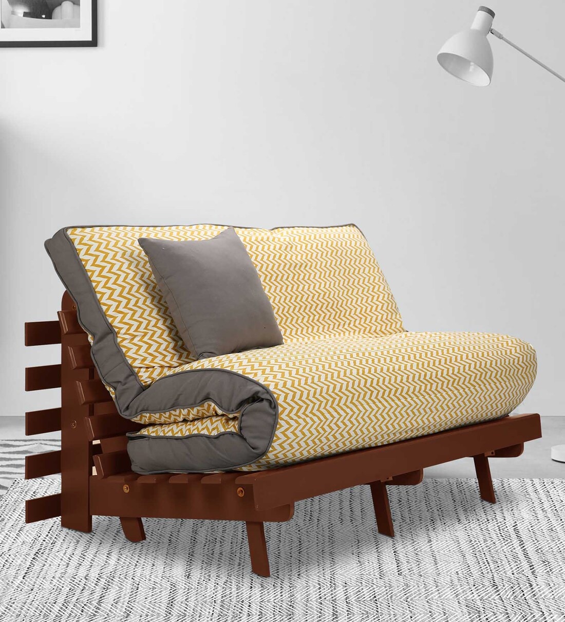 ARRA Single Futon Engineered Wood Sofa Cum Bed With Mattress - Mustard wave  Pattern