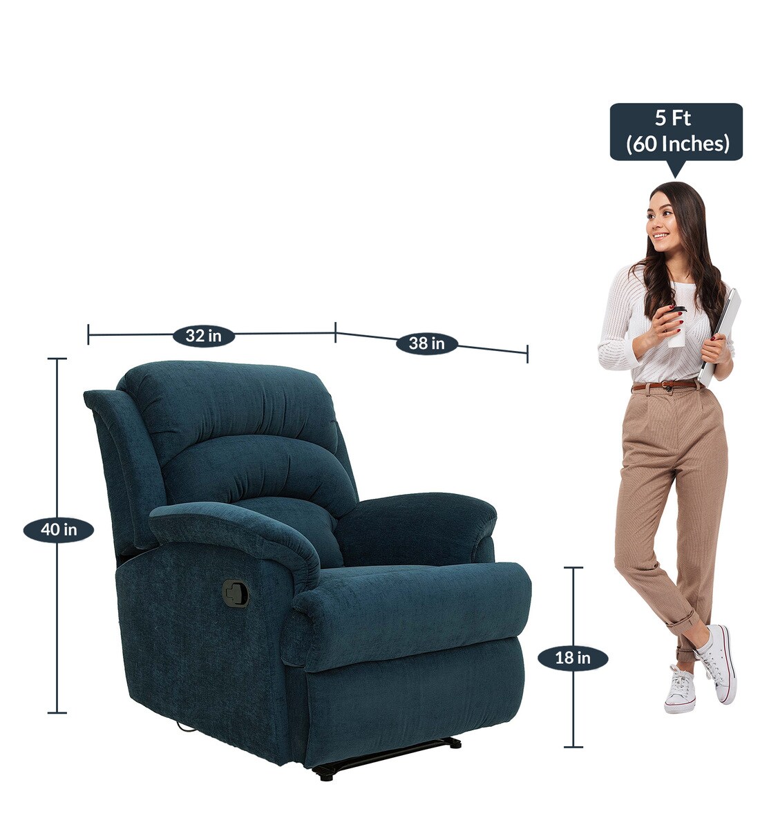 Buy Alexandria 1 Seater Manual Recliner in Teal Colour by Furnitech