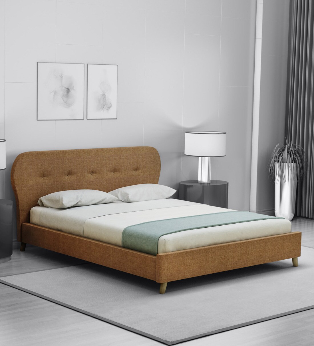 Buy Aline Upholstered King Size Bed in Sandy Brown Colour by CasaCraft