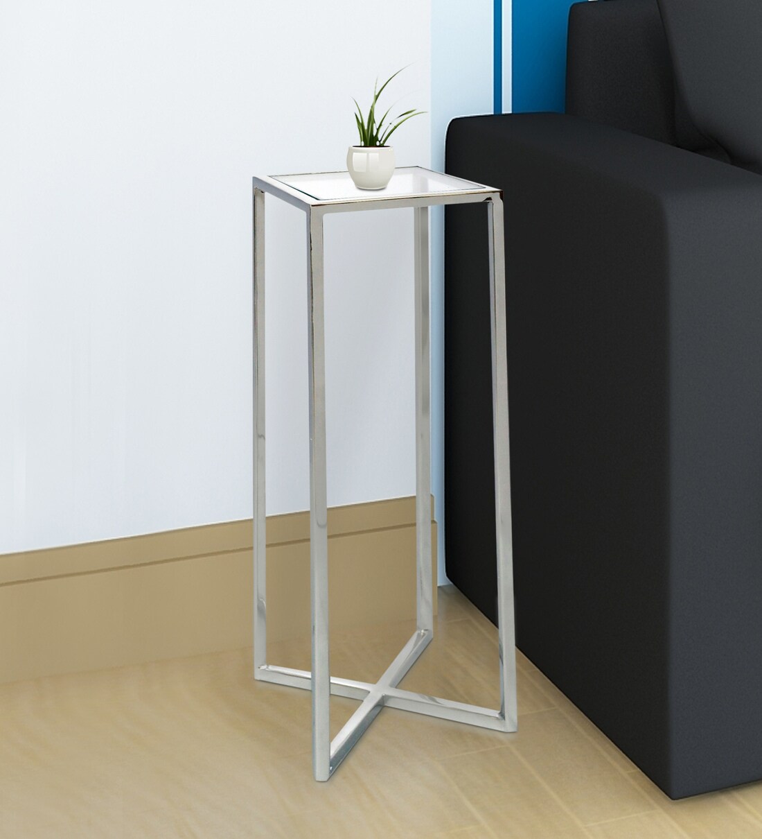 Buy Alissa Polished Stainless Steel End Table with Glass Top by