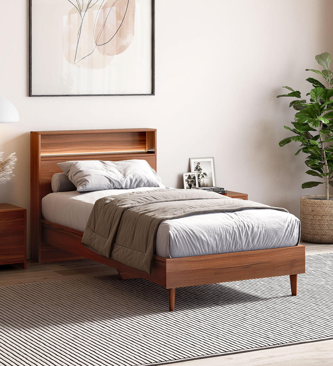 Buy Pure Alister Single Bed In Brown Color With LED Lights at 45