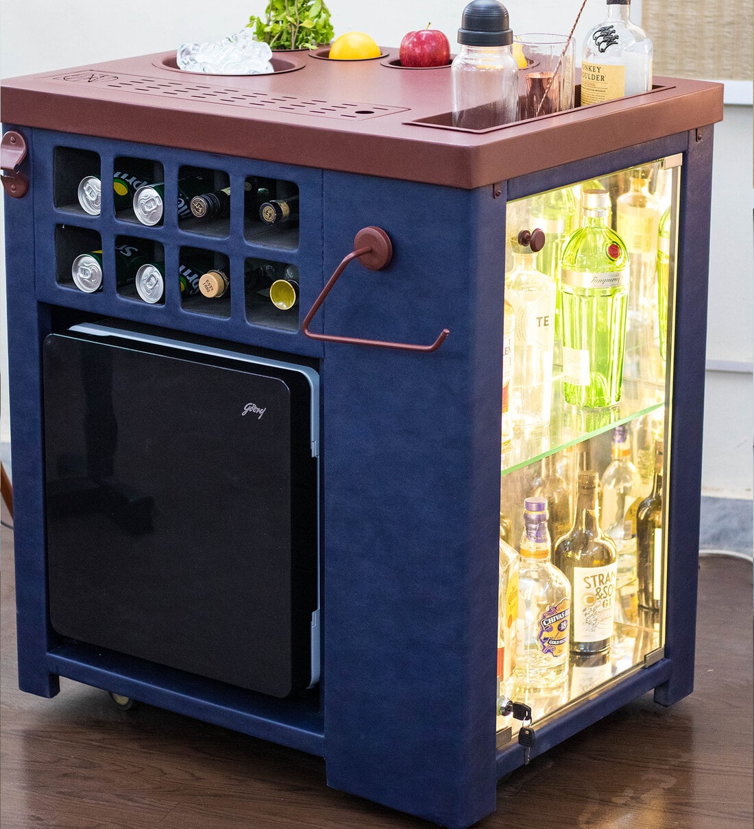 Buy AllInOne Bar with builtin 30L Godrej Qube Fridge & Wheels Model X Home Bar In