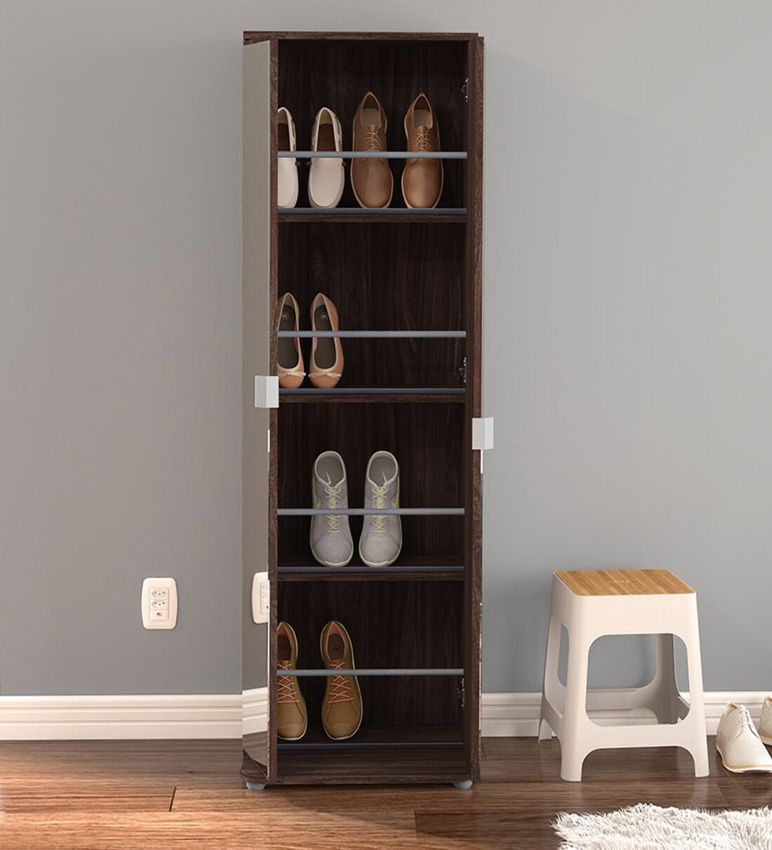 Buy Alonzo Shoe Rack with Mirror in Brown Colour CasaCraft By