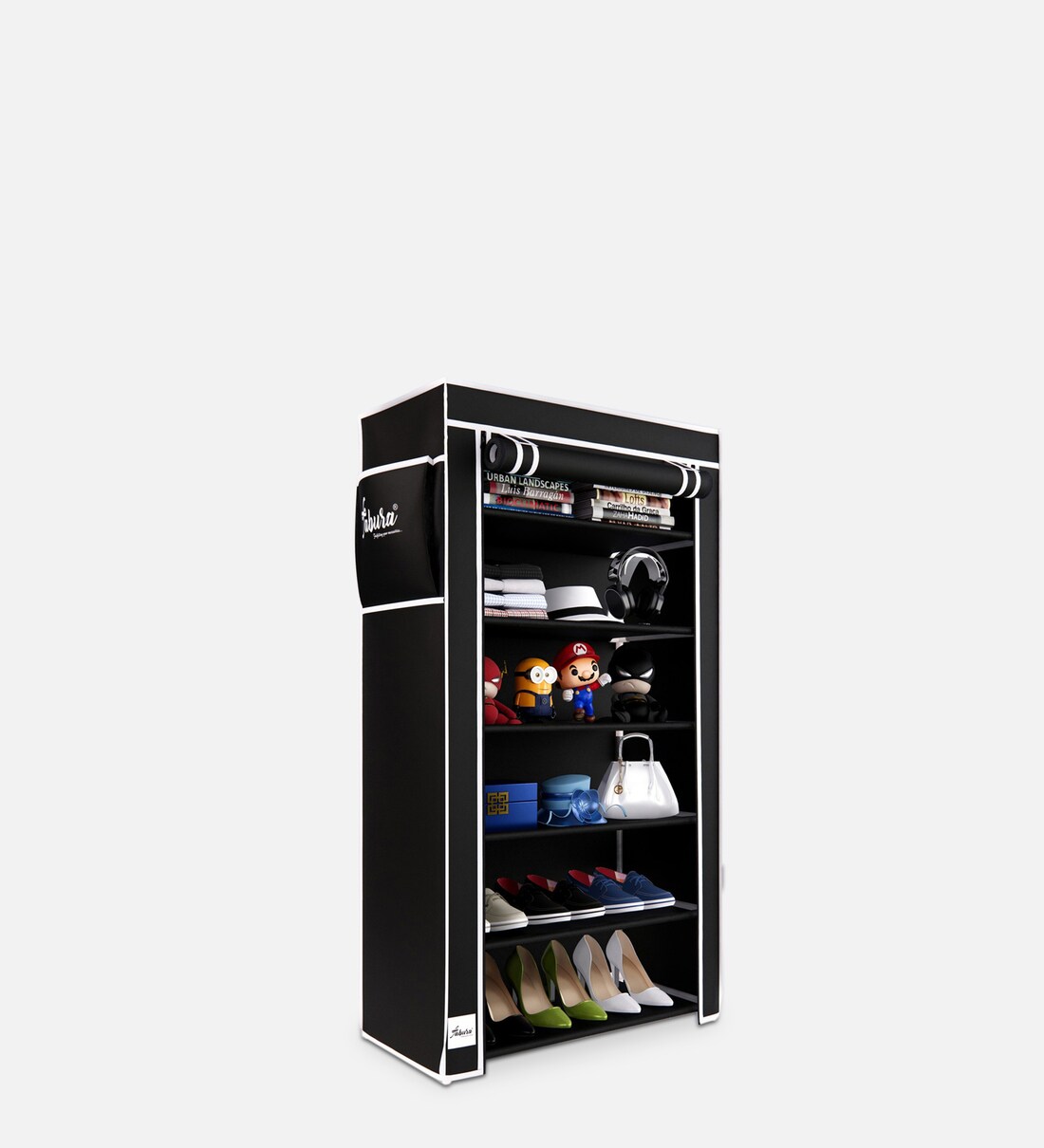 Buy Alpine Fabric Open Shoe Rack in Black Finish by FABURA Online