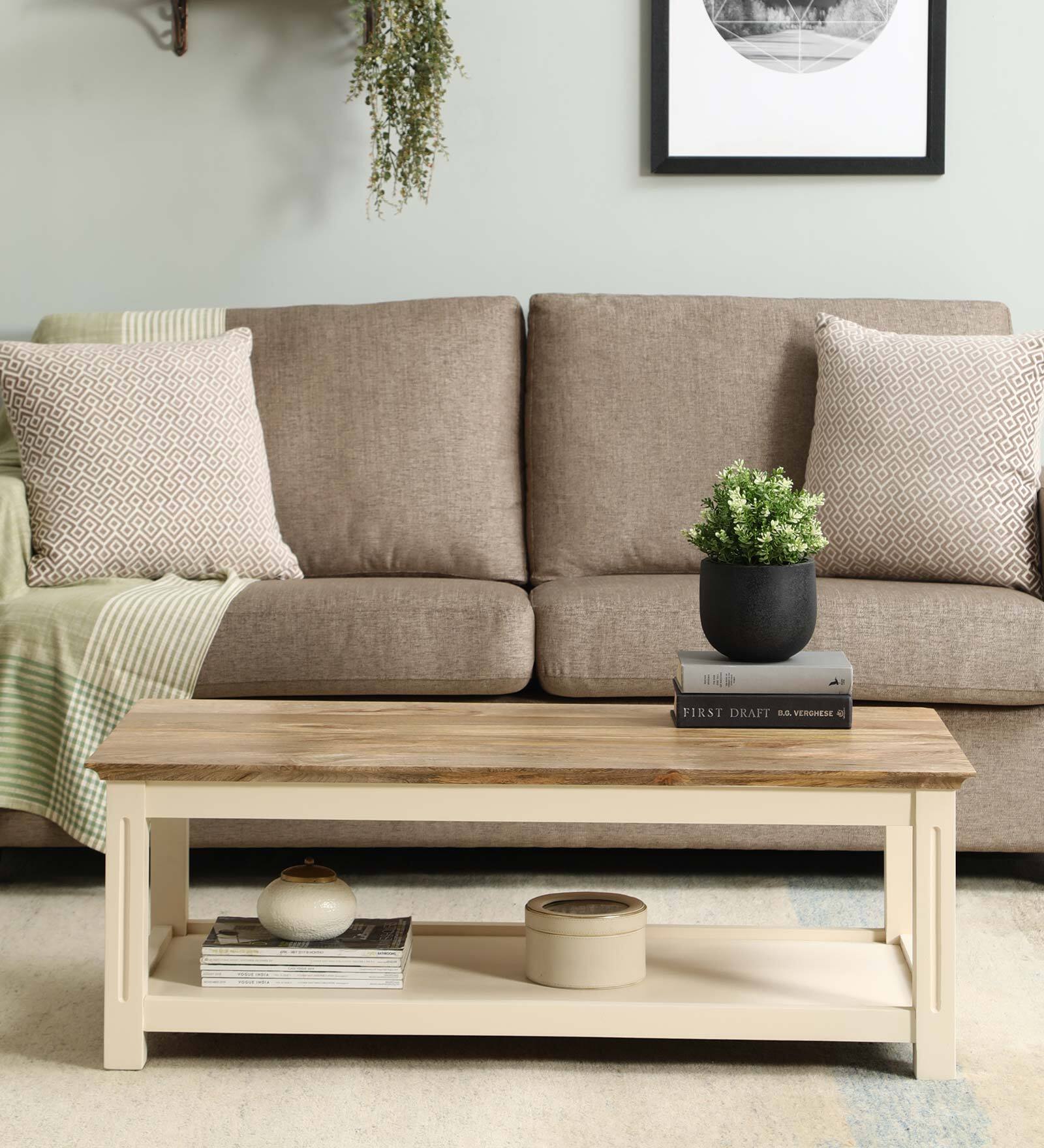 Alabaster Solid Wood Coffee Table In Ivory Finish With Shelf