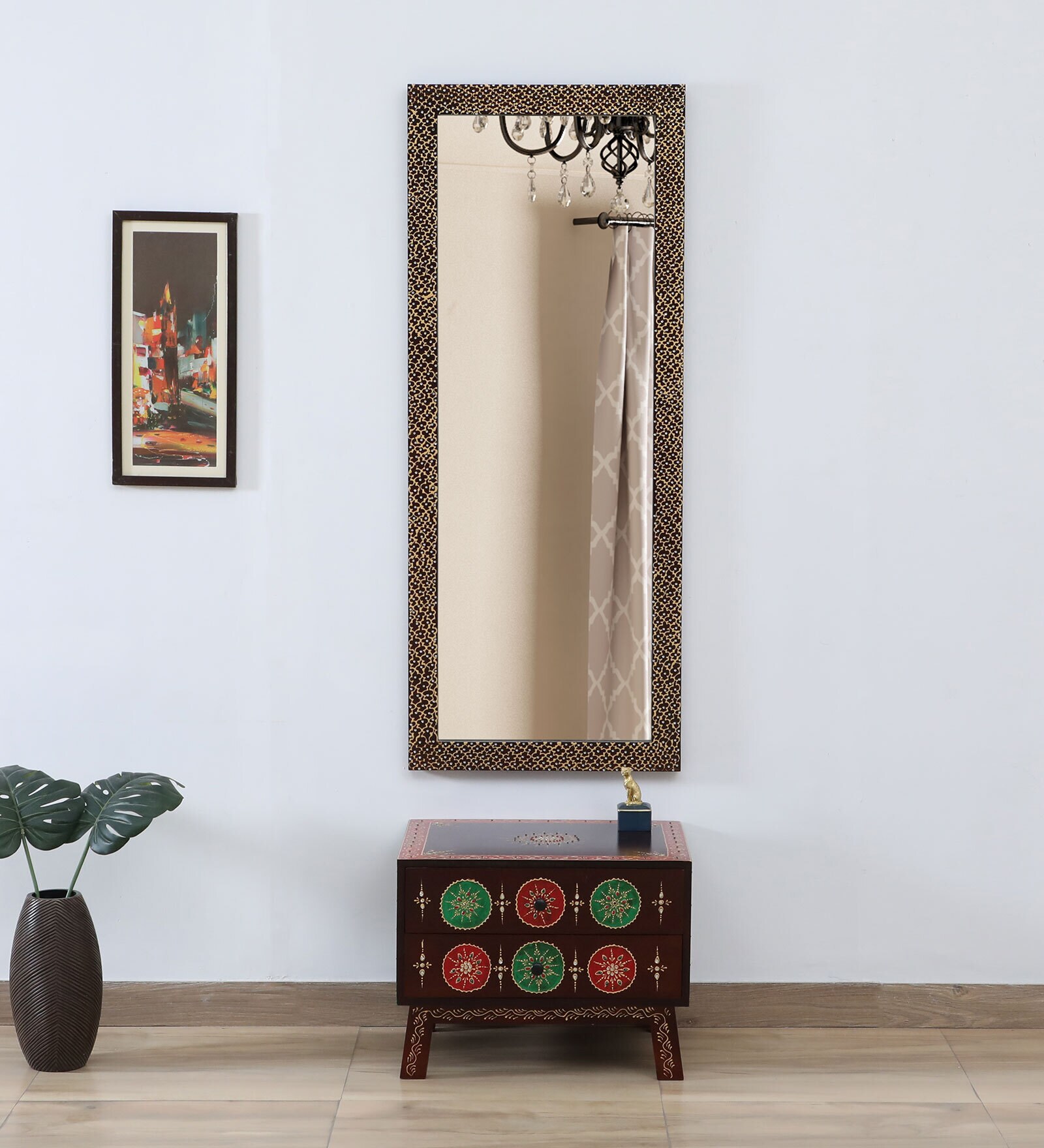 Alankaar Hand-Painted Solid Wood Dresser In Multi-Colour With Mirror