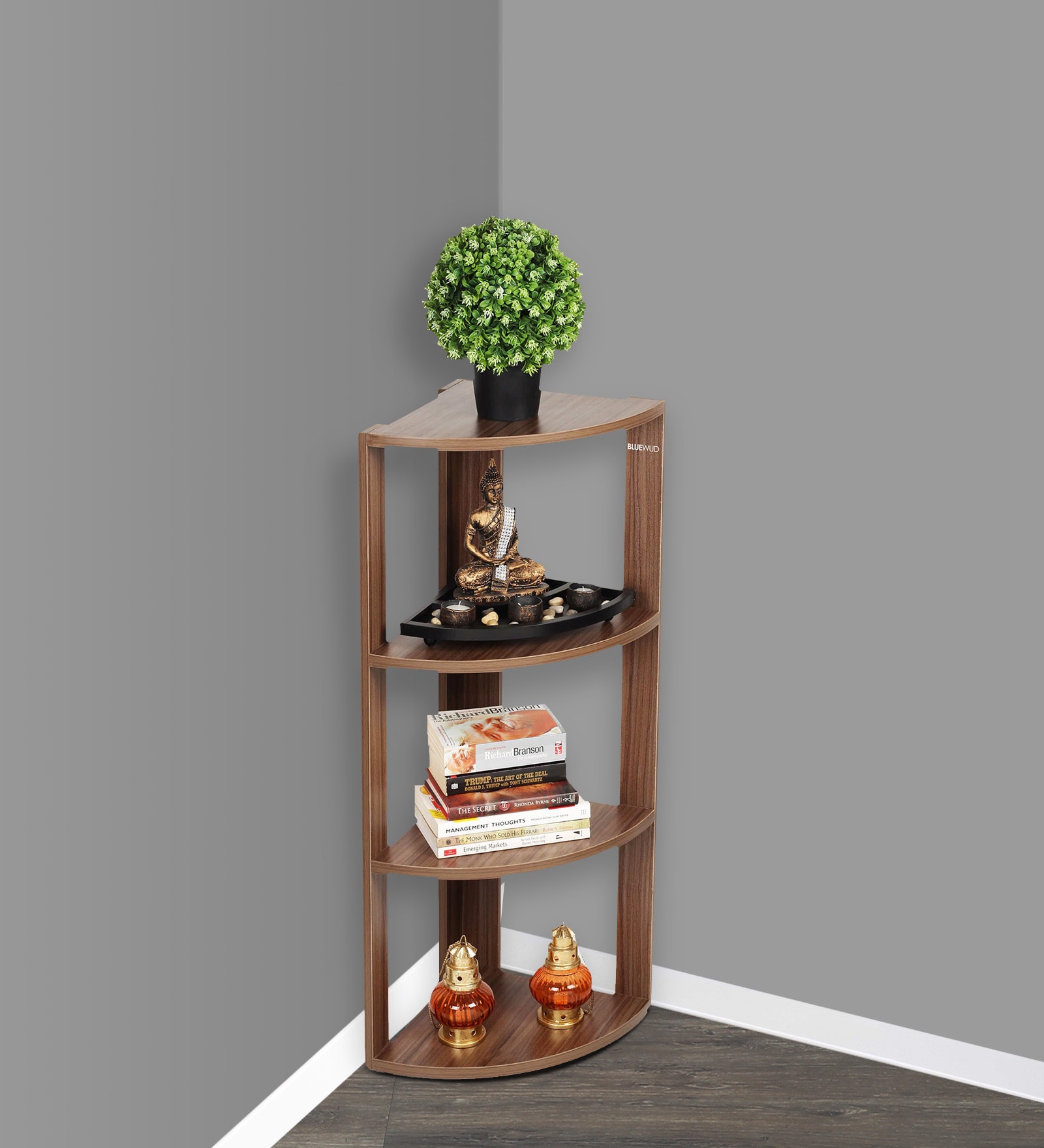 Buy Alba Floor Standing Corner Display Shelf (4 Shelves) in Walnut