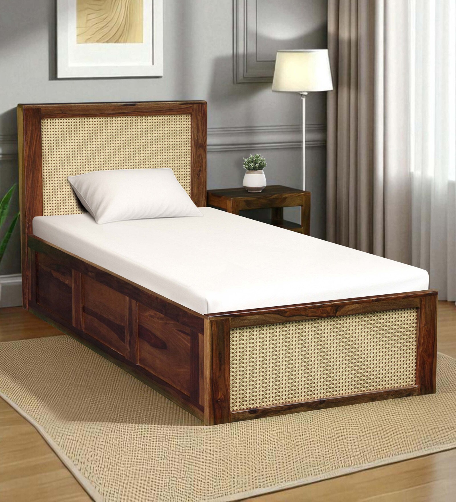 Albans Sheesham Wood Single Bed In Provincial Teak Finish With Box Storage