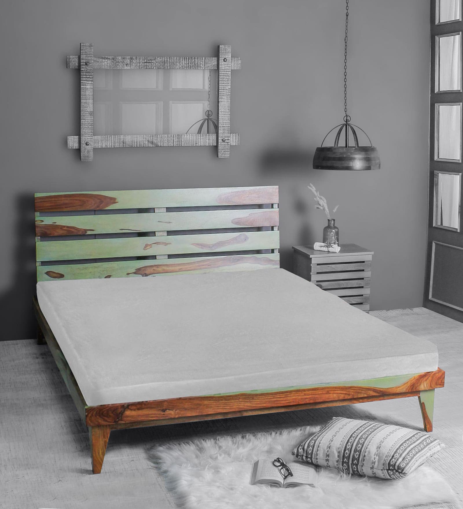 Albin Queen Size Bed In Vintage Green Colour