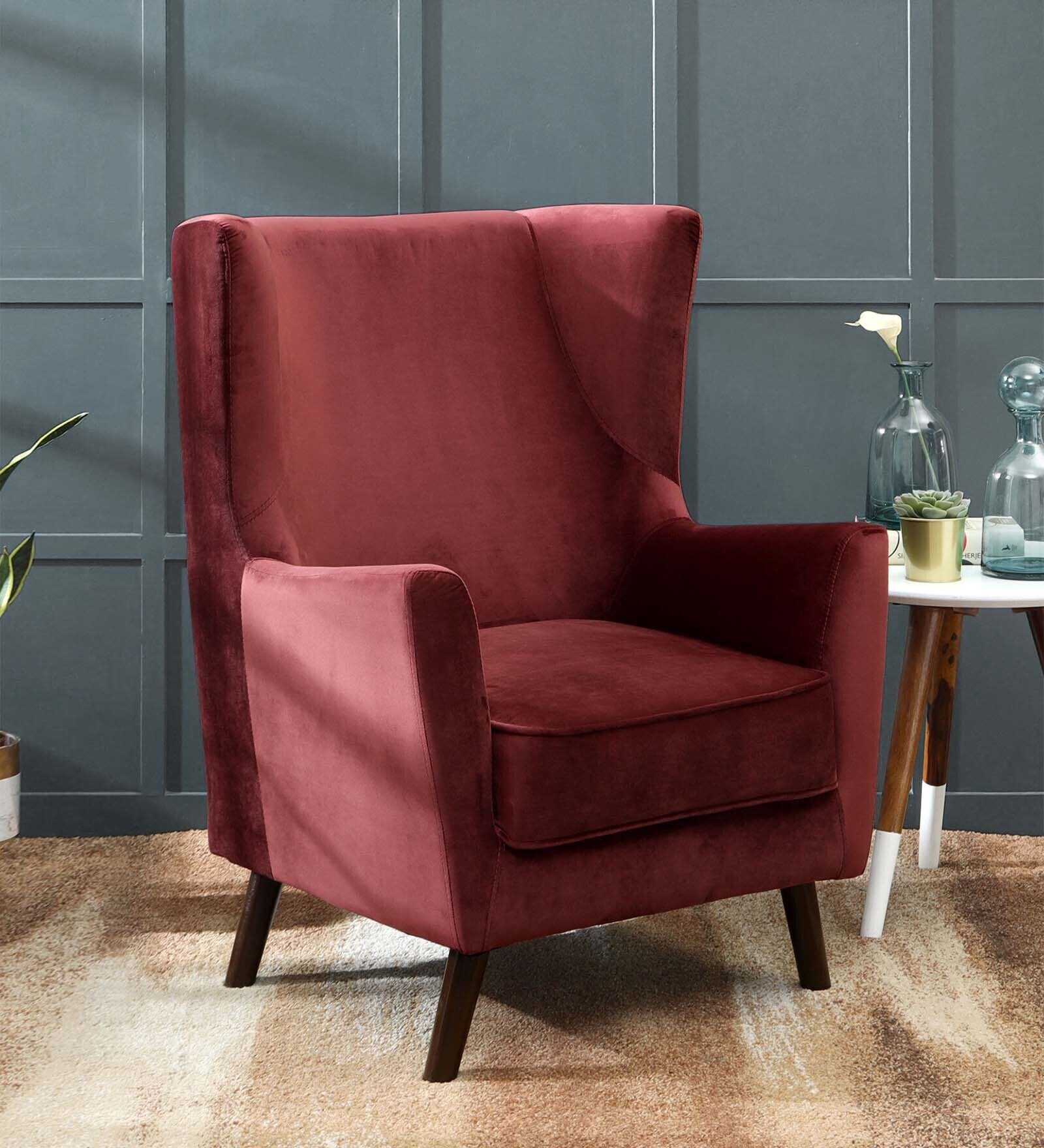 Alcalde Velvet Wing Chair In Velvet Wine Red Colour