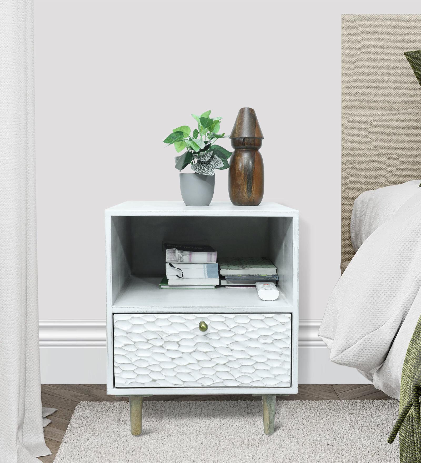 Alchemy Solid Wood Bedside Table in Off White Colour