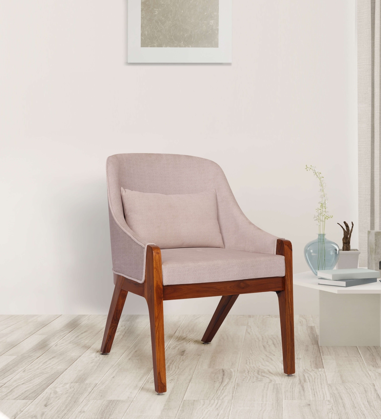 Alcon Solid Wood Low Back Lounge Chair in Off White Colour